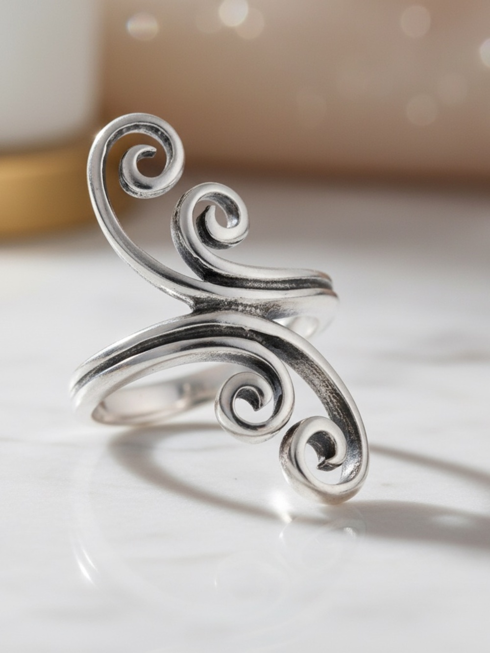 Womens Sterling Silver 925 Double Swirl Statement Ring‎